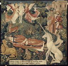 Unicorn. From: La Tenture de saint Étienne. Scène 8: Le corps du martyr exposé aux bêtes, c. 1500. Creator: Coter, Colijn de, after (ca. 1440/45-ca. 1522/32).