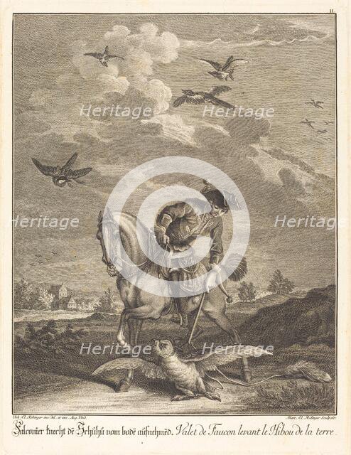 Falconeer Lifting an Owl from the Ground. Creator: Johann Elias Ridinger.
