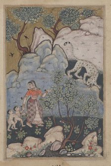 Page from Tales of a Parrot (Tuti-nama): Thirtieth night: A woman with two children..., c. 1560. Creator: Unknown.
