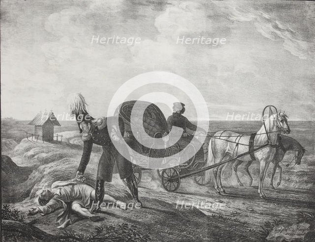 Emperor Alexander I helps a needy person, 1820. Creator: Hampeln, Carl, von (1794-after 1880).