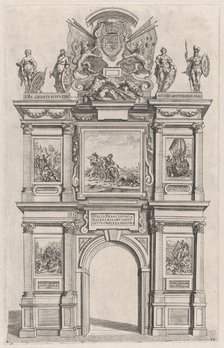 Plate 12: Triumphal arch, elevation of the back facade, surmounted with the arms of Ferdin..., 1636. Creators: Johannes Meursius, Willem van der Beke.