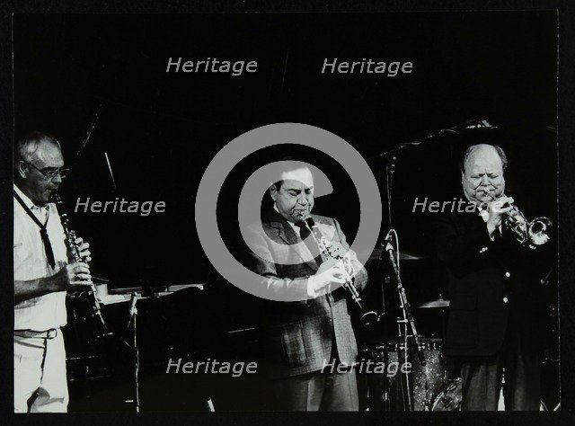Terry Lightfoot, Peanuts Hucko and Billy Butterfield playing at Potters Bar, Hertfordshire, 1986. Artist: Denis Williams