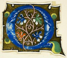 Decorated Initial "Q" in Blue with Four Oak Leaves from a Manuscript, 14th century or modern, c.1920 Creator: Unknown.