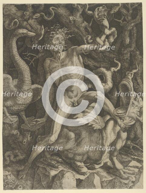 Fury personified as an old man riding a monster, holding a skull in his left hand, c..., ca.1520-39. Creator: Giovanni Jacopo Caraglio.