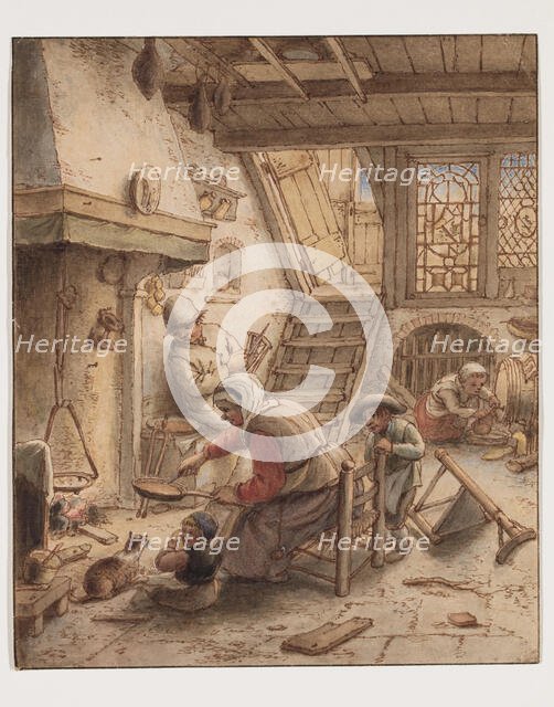 Woman Frying Pancakes, 18th century. Creator: After Adriaen van Ostade (1610-1685).