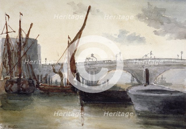 View of Blackfriars Bridge, with boats in the foreground, London, c1835. Artist: Thomas Hollis