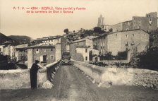 Partial view of Besalu (Girona) and bus line through the highway bridge from Olot to Girona, post…
