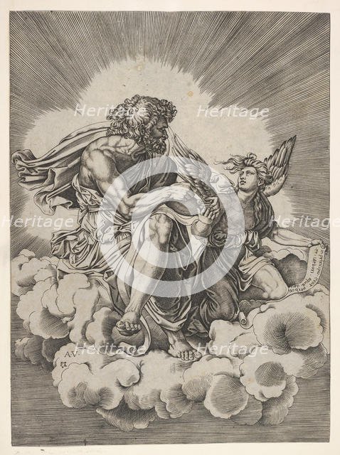 St. Matthew, seated on a cloud with legs crossed and dipping a quill into an inkwell..., after 1518. Creator: Unknown.