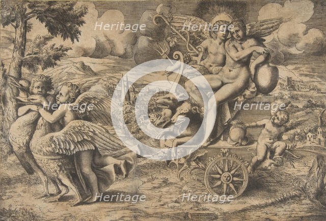 The triumph of Cupid and Psyche who are seated on a chariot drawn by two birds rest..., ca. 1550-67. Creator: Giulio Bonasone.