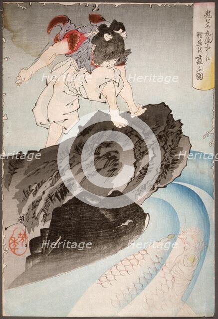 Oniwakamaru Observing the Great Carp in the Pond, 10th month, 1889. Creator: Tsukioka Yoshitoshi.