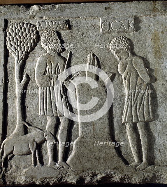Detail of sarcophagus relief of the church of Santa Cruz. Ecija (Seville) with the sacrifice of I…
