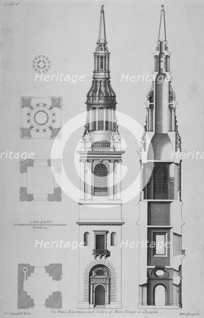 Plans, elevations and section of the Church of St Mary-le-Bow, Cheapside, City of London, 1725. Artist: Sir Christopher Wren