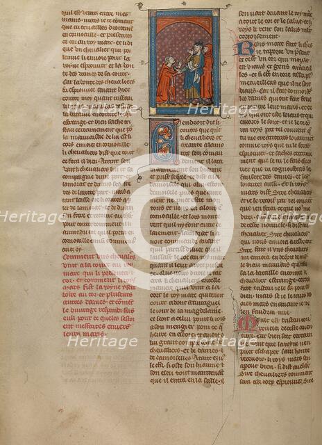 A Knight Presenting a Magic Ivory Horn to King Mark, about 1320-1340. Creator: Unknown.