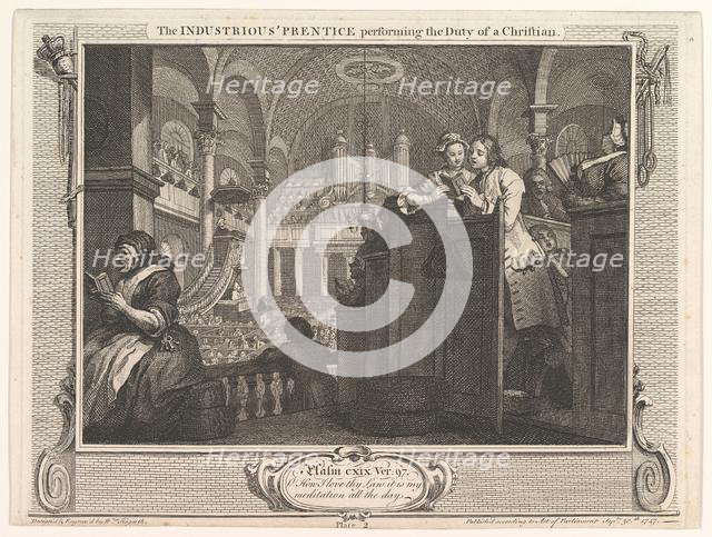 The Industrious 'Prentice Performing the Duty of a Christian (Industry and I..., September 30, 1747. Creator: William Hogarth.