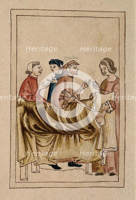 A sick man lies in bed while a physician takes his pulse and others consult. Creator: Unknown.