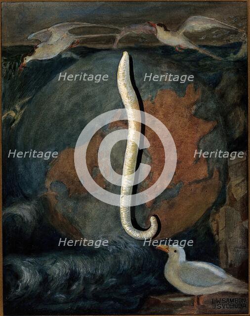 Parasites: a parasitical worm, shown much enlarged, with its hosts, c1930. Creator: J Svoboda.