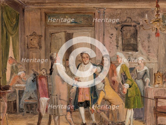 Vielgeschrey's hardships, scene from L. Holberg’s "Den stundesløse," Act 1, Scene 6, before 1850. Creator: Wilhelm Marstrand.