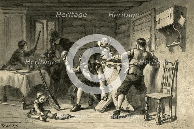 'Puritans Barricading Their House Against Indians', (1877). Creator: Albert Bobbett.