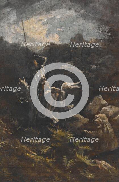 \"He spied upon the top of a stony crag just before him a man that skipped from rock to rock with wo Creator: Gustave Doré.