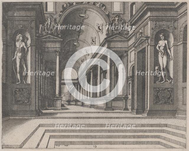 View in a Church with Corinthian Columns and Statues of Apollo, Melpomene, and Moses, 1560. Creators: Johannes van Doetecum I, Lucas van Doetecum.