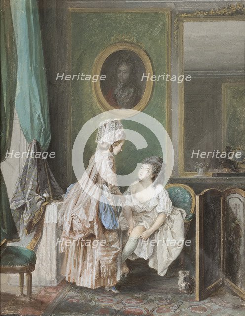 Woman pulling on her stocking, 1776.