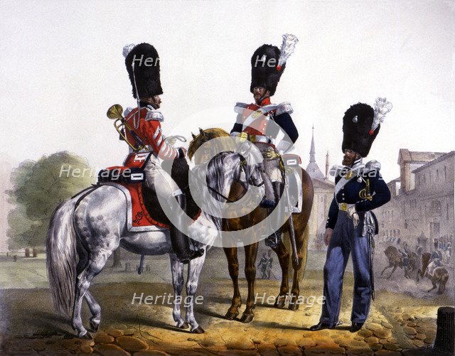 Reign of Ferdinand VII (1808-1833), lithographed sheet of Grenadiers of the Royal Guard at horseb…