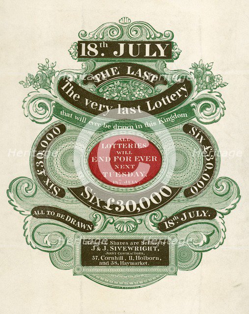 Announcement of The very last Lottery that will ever be drawn in this Kingdom, 18 July 1826.  Artist: Unknown.