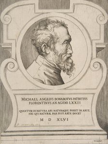 Bust portrait of Michelangelo facing right, set within a cartouche., 1546. Creator: Giulio Bonasone.