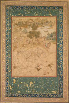 Akbar supervising the capture of wild elephants at Malwa in 1564, painting 90…, c. 1602-3. Creator: Farukh Chela (Indian), attributed to ; Govardhan (Indian, active c.1596-1645), or ; Dhanraj (Indian), or.
