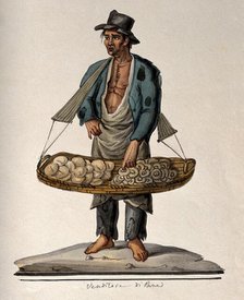 A man selling bread from a large basket hanging from his shoulders, 1800-1899. Creator: Unknown.
