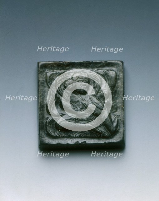 Mottled black jade square belt plaque with drummer in relief, Tang dynasty, China, 618-907. Artist: Unknown