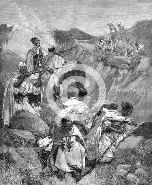 The French Expedition to Tunis: Goums, reconnoitring, attacked by Khroumirs, 1881. Creator: W. I. Mosses.