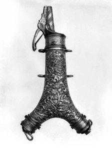 Powder Flask with Spanner, Primer, and Bullet Compartment, German, late 16th century. Creator: Unknown.
