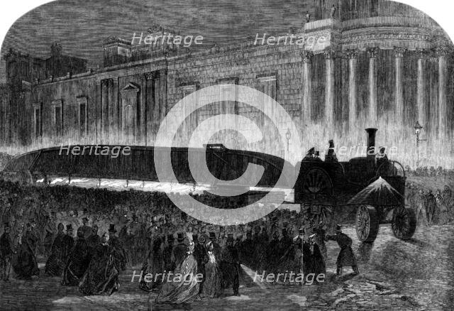 Bray's traction-engine drawing a girder...through the streets of London by night..., 1862. Creator: Unknown.