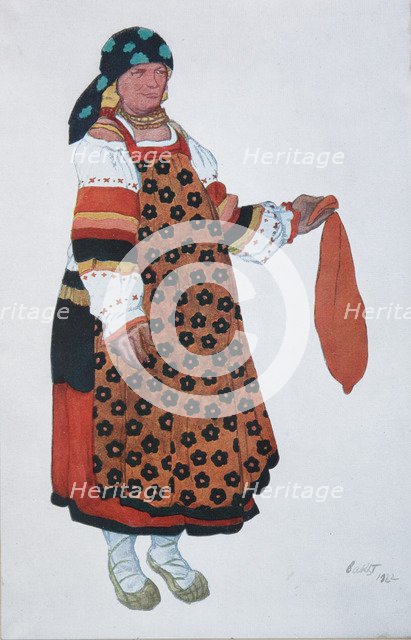 Peasant woman. Costume design for the Vaudeville Old Moscow at the Théâtre Femina in Paris, 1922. Artist: Bakst, Léon (1866-1924)