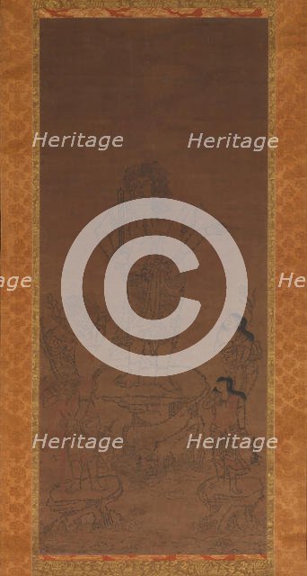 Fudo Myoo with Four Attendants, Outlined in Seed Syllables, 15th century. Creator: Chikai.