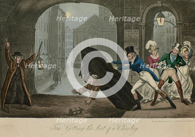 Tom Getting the best of a Charley. Illustration to "Life in London" by Pierce Egan , 1820. Creator: Cruikshank, George (1792-1878).