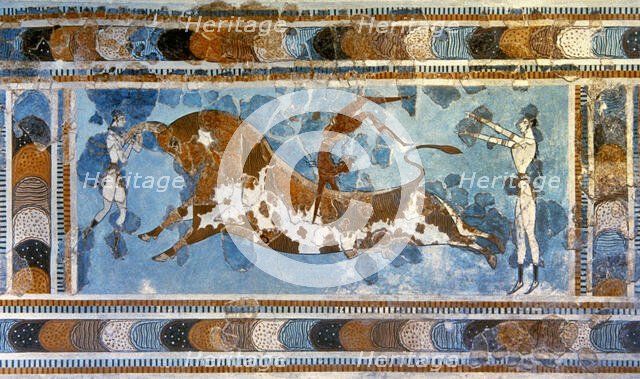 Bull-leaping fresco, Palace of Knossos, Crete, Greece, Bronze Age, (2000). Creator: Unknown.
