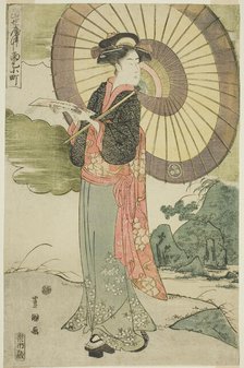 A Contemporary Parody of Komachi Prays for Rain (Tosei yatsushi Amagoi Komachi), c. 1792. Creator: Utagawa Toyokuni I.