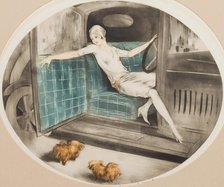 Woman in a Car with Two Pekinese, c1929. Creator: Icart, Louis Justin Laurent (1888-1950).