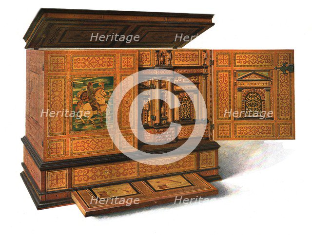 Writing cabinet inlaid with marquetry, 1904. Artist: Shirley Slocombe.