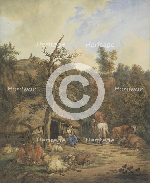 Shepherd, shepherdess and cattle resting in front of a dilapidated stable, 1820-1872. Creator: Hendrik Abraham Klinkhamer.