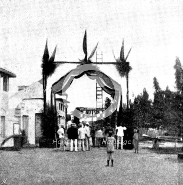 Arrival, and Subsequent Death, of Lady Carter at Lagos: triumphal arch of Messrs. Holt & Welch, 1895 Creator: George Meisenbach.