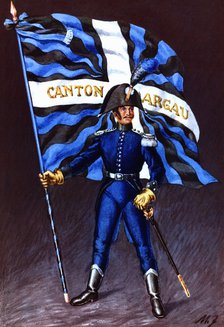 Flag bearer from the canton of Argovie, c. 1805. Color engraving from 1943, published by Editions…