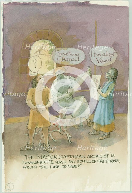 Two characters talking to a master craftsman and mosaicist, 2003. Creator: Judith Dobie.