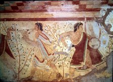 Burial chamber of the necropolis of Tarquinia, mural painting with the representation of two musi…