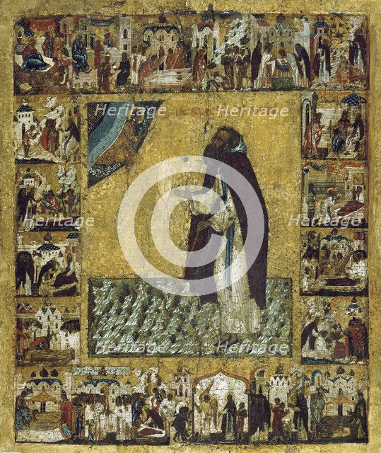 Saint Barlaam of Khutyn with Scenes from His Life, 1560s.  Creator: Russian icon.