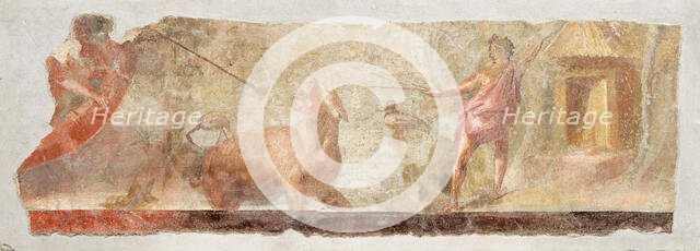 Hunting Hippos in a river landscape with two hunters, two water birds and a dwelling on..., 1st cent Creator: Roman-Pompeian wall painting ().