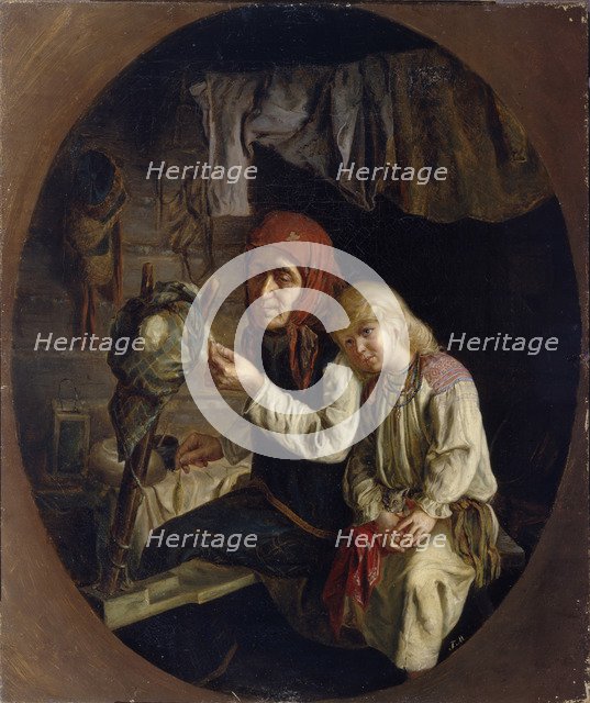 Spinning lesson, 1859. Artist: Myasoedov, Grigori Grigoryevich (1834-1911)