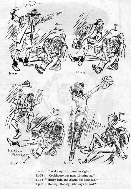 Cartoon from the ship board paper The Comet, troopship 'RMS Caronia', 1916-1917. Artist: Barret